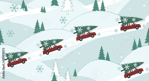 A whimsical seamless winter pattern of red cars driving up snowy hills, each carrying a Christmas tree on its roof under falling snowflakes.