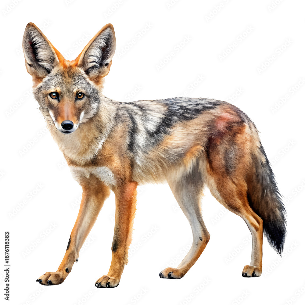 Fototapeta premium Watercolor Jackal standing profile view isolated on a transparent background