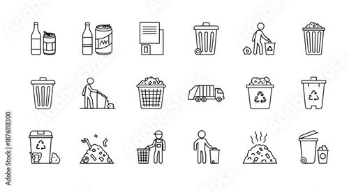 Set of black and white line icons representing waste management and recycling concepts.
