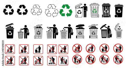 Set of recycling and waste disposal icons with prohibition signs.