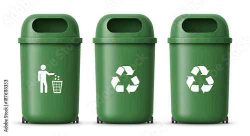 Set of three green recycling bins with different waste symbols for trash and recycling.