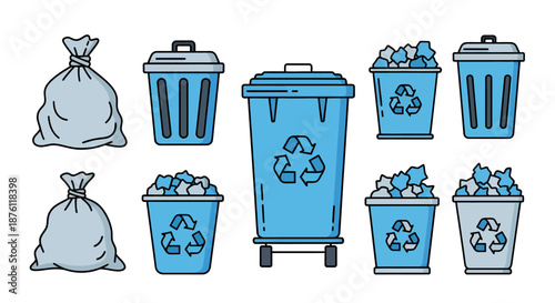 Set of various blue recycling and trash bins with garbage bags.