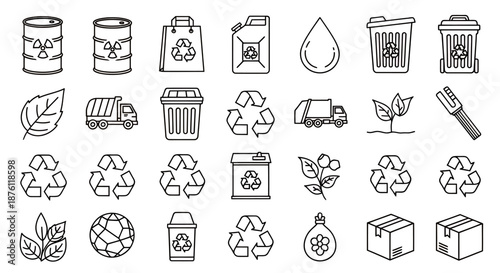 Set of black line icons representing waste management and recycling concepts.