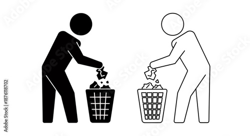 Black and white stick figures disposing trash into separate bins.