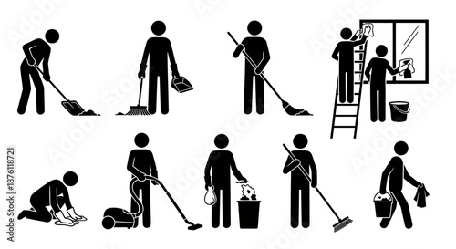 Silhouettes of people performing various cleaning and household chores indoors.