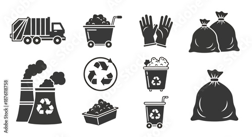 Set of black icons representing waste management and recycling concepts.