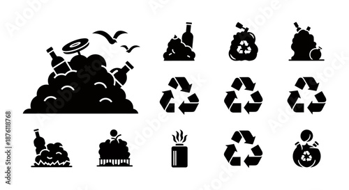 Set of black recycling and waste management icons with various symbols and elements.