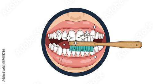 A close-up illustration of an open mouth having its teeth cleaned with a bamboo toothbrush, highlighting oral hygiene and dental care.