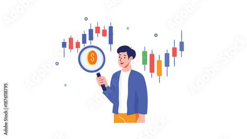 Businessman analyzing financial market trends with magnifying glass