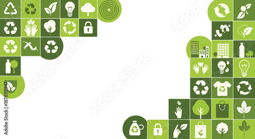 Green environmental icons and symbols forming a border on white background.