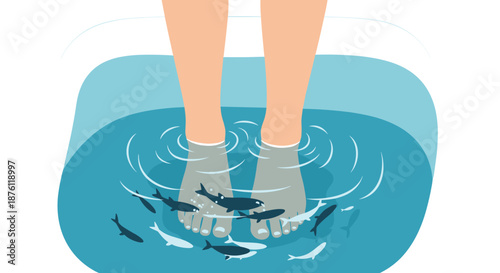 A person's feet are submerged in a basin of water, receiving a fish pedicure spa treatment with small garra rufa fish.