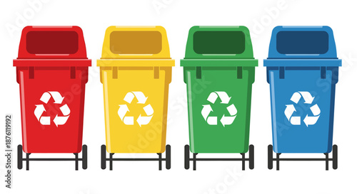 Set of colorful recycling bins for waste separation and environmental sustainability.