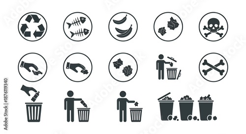 Set of black and white recycling and waste disposal icons with various symbols.