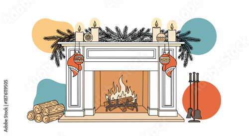 Cozy Christmas fireplace scene with a warm burning fire, decorated mantel with candles, pine branches, and hanging stockings.