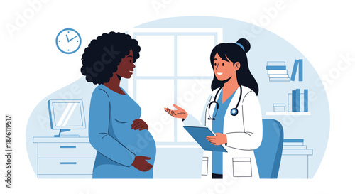 Caring female doctor providing a consultation to a pregnant African American woman in a modern and clean medical clinic office.