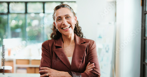 Fotografi Happy woman, portrait and pride with confidence for company development, finance or revenue service