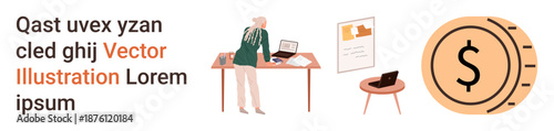 Workplace setup, finance concepts, business planning, remote career, productivity , and digital solutions. Woman at desk with laptop, charts and a currency symbol. Workplace and finance concept
