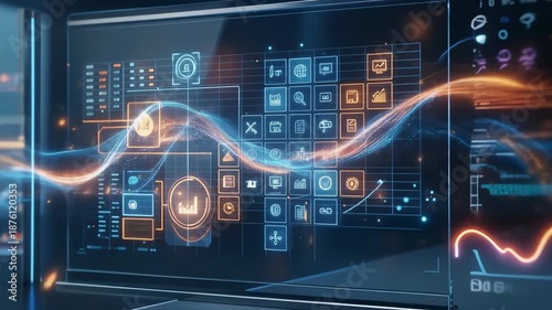 Wallpaper Mural Futuristic digital interface showcasing data analysis and technology trends for modern business solutions Torontodigital.ca