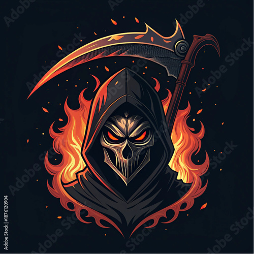 Furious grim reaper with burning scythe and menacing skull mask emerging from fiery abyss