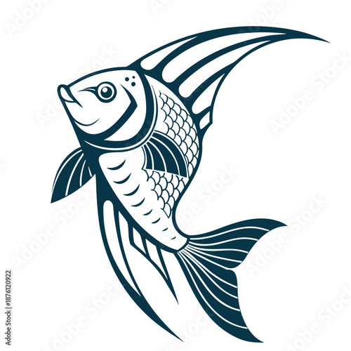 Stylized monochrome fish vector illustration with intricate scale patterns and flowing fins.Tribal style fish mascot logo design isolated on white background for marine and fishing themes.
