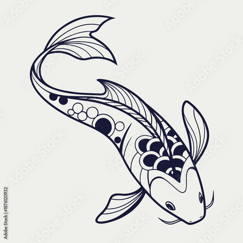 Stylized monochrome fish vector illustration with intricate scale patterns and flowing fins for marine themes.Tribal style koi and angelfish mascot logo design isolated on white background for fishing