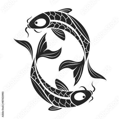 Pair of Japanese koi carp fish in tribal tattoo style, monochrome yin yang nishikigoi vector illustration isolated on white background.