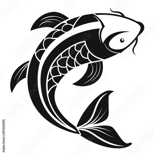 Japanese koi carp fish vector illustration in tribal tattoo style, monochrome oriental nishikigoi mascot isolated on white background.