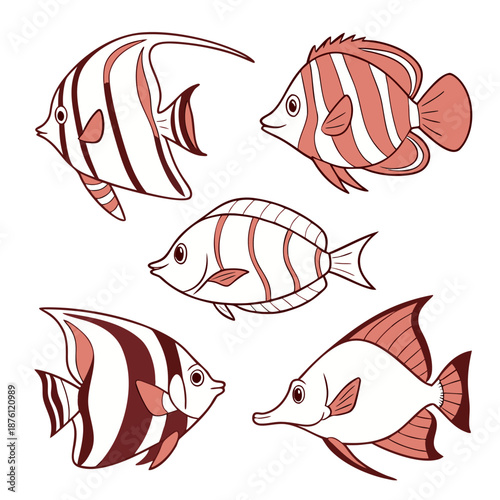 Set of tropical coral reef fish illustrations, collection of exotic marine underwater animals with stripes isolated on white background.