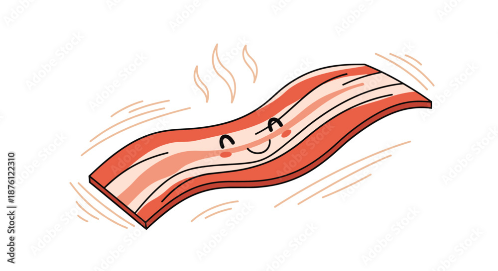 Obraz premium Happy cartoon bacon strip character with a smiling face and steam lines representing a hot and delicious breakfast food item on white background.