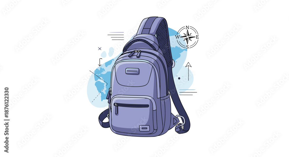 Naklejka premium Modern purple sling backpack illustration with travel icons like a compass and map in the background representing adventure and urban commuting.