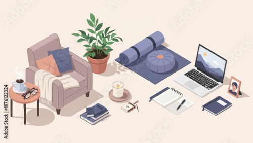 Cozy home workspace with comfortable seating and meditation area.
