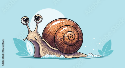 Adorable snail character with large expressive eyes and a detailed brown spiral shell moving slowly across a soft blue background with bubbles.