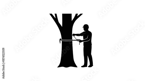 Silhouette of a lumberjack cutting down a tree with an ax.