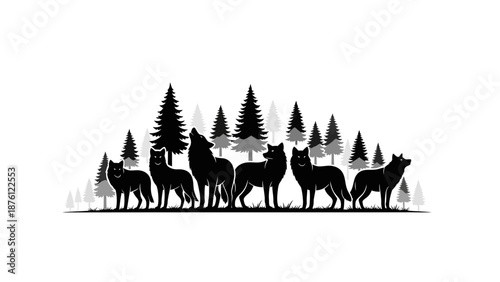 Silhouette of a wolf pack howling in the forest, vector illustration.