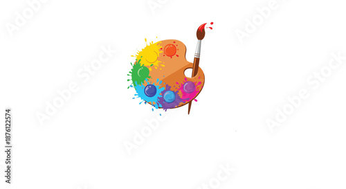 Artistic wooden paint palette with a brush and vibrant colorful paint splashes including blue green yellow orange and purple for creative arts.