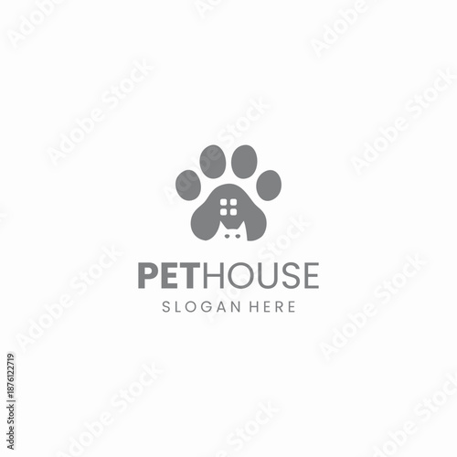 Pet House Logo Design - Paw Print and Home Symbol.
