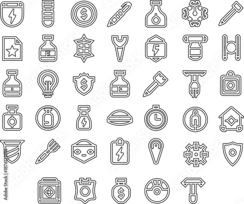 Editable Stroke vector set of fantasy game ui outline icons featuring quill pens and magic shields.