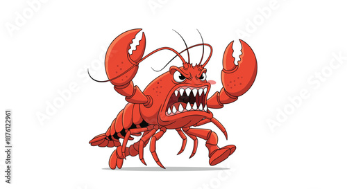 Aggressive red lobster character with sharp teeth and fierce eyes raised claws in a running or charging motion against a solid white background.