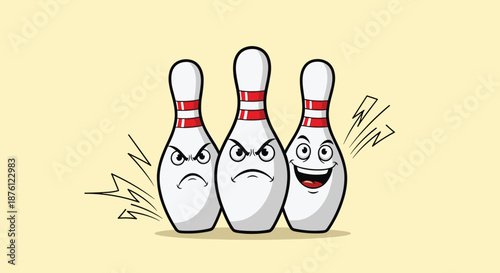 Group of three bowling pins with two angry expressions and one happy laughing face featured with lightning effect lines for competitive sports fun.