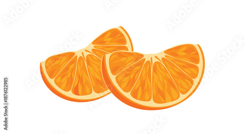 Two fresh and juicy orange slices or segments shown with detailed pulp and rind against a clean and minimalist white background for food apps.