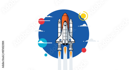 Space shuttle taking off from a planetary surface with smoke and fire against a circular blue background with stylized planets.