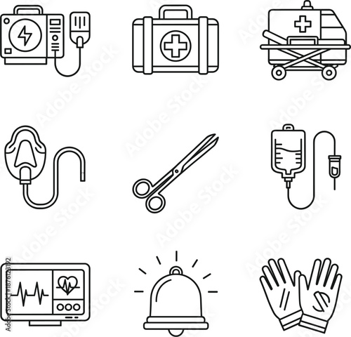 Emergency First Aid Icon Set Featuring Portable Defibrillator Medical Kit Oxygen Mask and Hospital Stretcher Outline Illustrations.