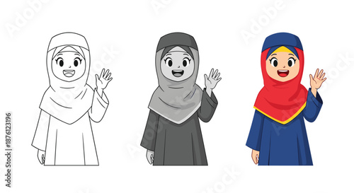 Sequence of a cute young girl wearing a traditional hijab and abaya shown in line art, grayscale, and full color versions waving.