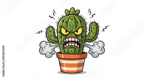 Grumpy cartoon cactus in a terracotta pot with a fierce angry face blowing steam from its nose and lightning bolts in the air.