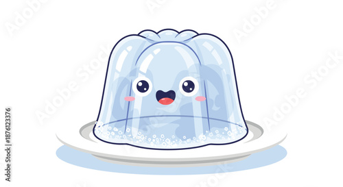 Cute cartoon gelatin dessert with a transparent blue body and a happy smiling face sitting on a white plate with sparkles at the base.
