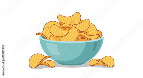 Large bowl of crunchy ridged potato chips snack isolated on a white background for food advertising and menu design.