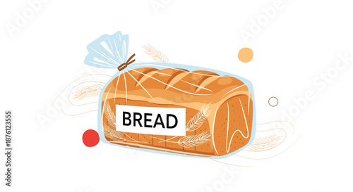 Loaf of sliced white bread in plastic packaging with wheat leaf illustrations isolated on a white background for grocery.