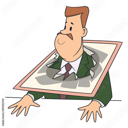 Man with torn painting on his head.