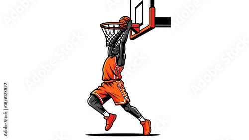 A basketball player in orange shorts dunking into the hoop with intensity and skill on the court
