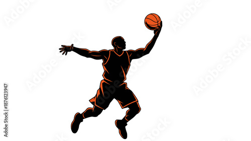 Dynamic basketball player in mid-air dunking basketball with intense athleticism and skill